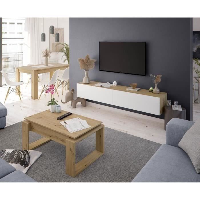 Wandmeubel voor tv - B 180 x D 28 x H 35 cm KAWAY - Wit en eiken afwerking - 2 neerklapbare deuren