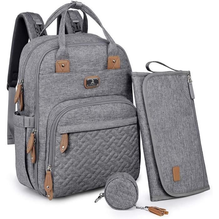 Sac à Dos à Langer Dikaslon - Grand Sac Avec Matelas à langer et Porte tétine Pour bébé Garçon et Fille, Sangles de Poussette - Sac