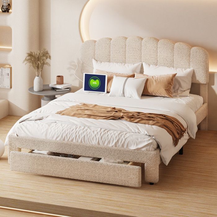 Lit 160 x 200 cm avec tête de lit et sommier, lit 2 Personnes avec tiroirs et ports USB, cadre de lit 160x200, velours teddy, beige