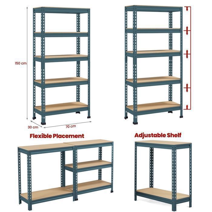 Estantería de almacenamiento de 5 niveles, 150x70x30cm, montaje sin tornillos, estructura metálica, tableros de MDF, para garaje/hogar, azul marino, YAHEETECH