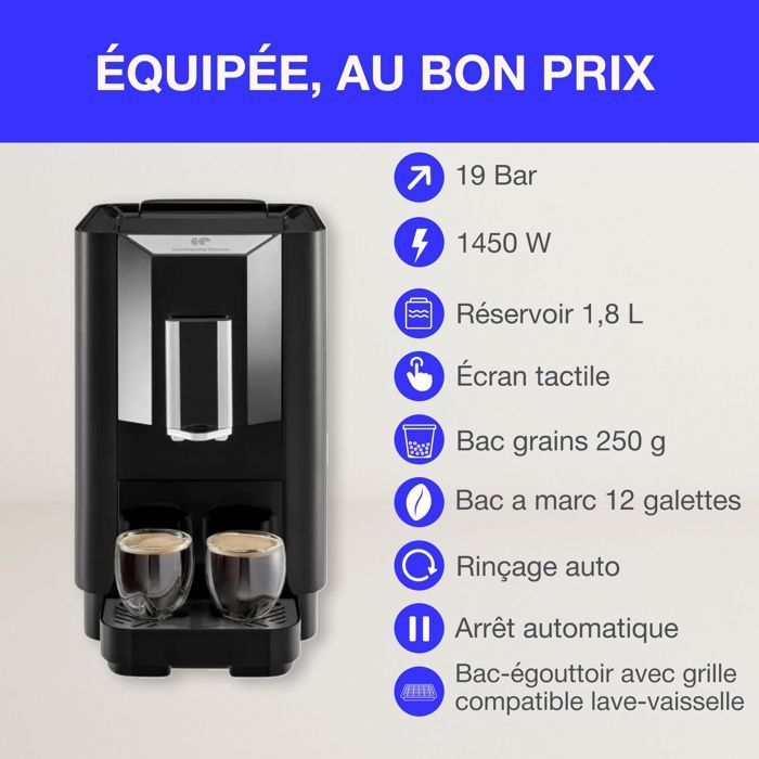 Continental Edison Espressomachine met Koffiemolen - CECFAUTOB - 19 Bar - 1450 W - Zwart
