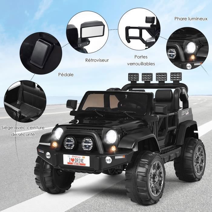 Coche eléctrico infantil DREAMADE 4x4, 2 plazas, con mando a distancia, luces LED, música, puerto USB y caja de almacenamiento, color negro.