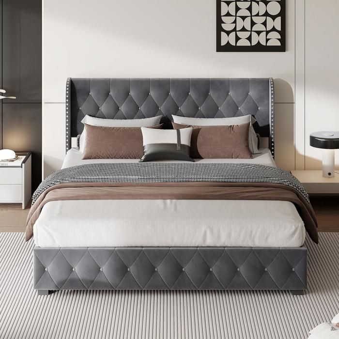 160x200cm Bed - 160cm Storage Bed and Slatted Base - Upholstered and Studded Headboard - Elegance and Comfort - Anthracite Grey Velvet