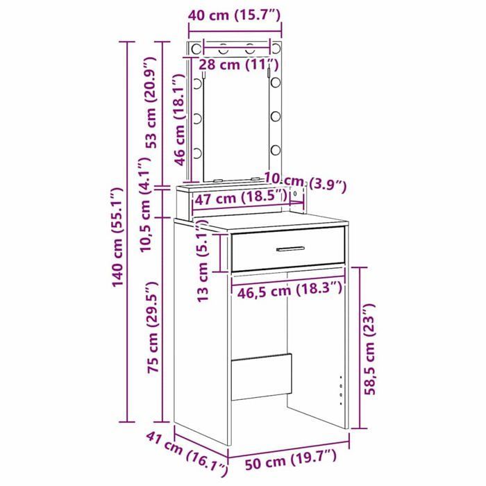 Modern dressing table - vidaXL - White - Engineered wood - 50x41x140 cm - Mirror with LED lighting - 1 drawer - USB port