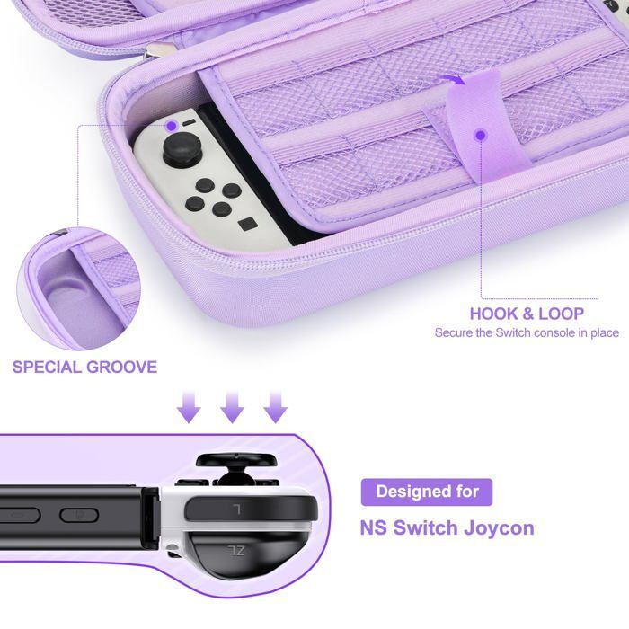Kit di accessori OLED 19 in 1 per Nintendo Switch: custodia viola chiaro con tasca per giochi e pellicola protettiva per lo schermo.