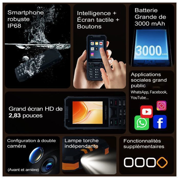 Celular robusto HAMTOD H6 para idosos, 4G, 3GB + 32GB, tela de 2,83