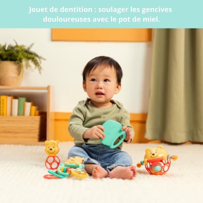 DISNEY BABY - WINNIE - Set regalo per neonati, 5 giocattoli tra cui 1 giocattolo per la dentizione di Winnie the Pooh e O-Ball, sonaglio e accessorio per passeggino.
