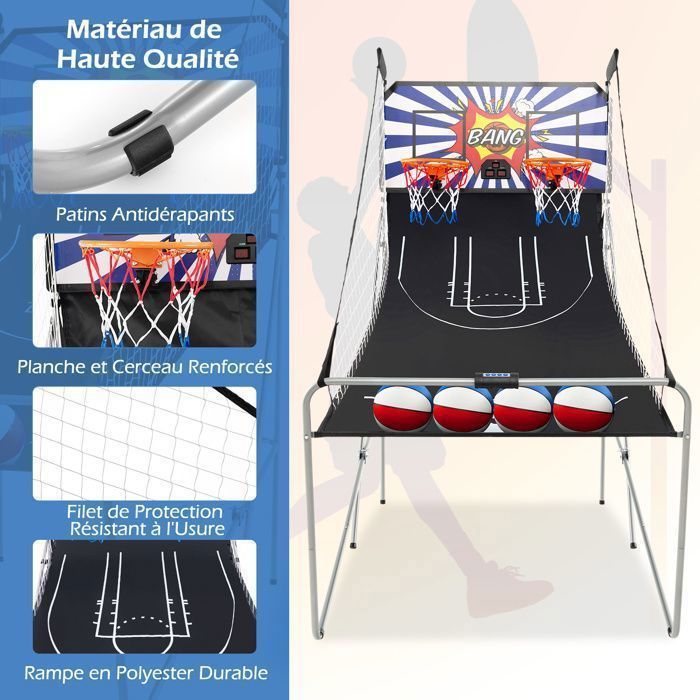 Juego de baloncesto plegable COSTWAY con 2 aros, 4 pelotas, bomba de inflado, sistema de puntuación, 8 modos, 4 jugadores, azul y blanco.