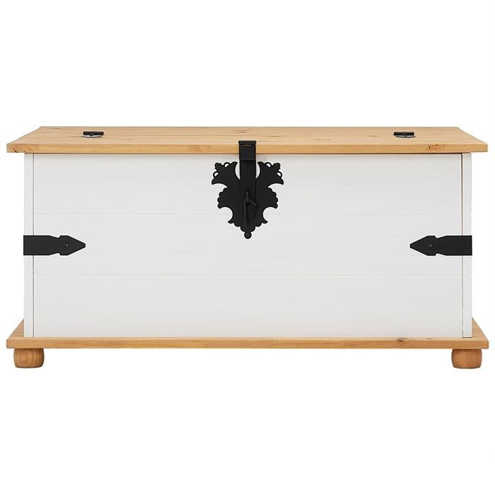 Table basse de salon TEQUILA coffre malle de rangement rectangulaire en bois style mexicain 5 tiroirs pin massif lasuré blanc brun