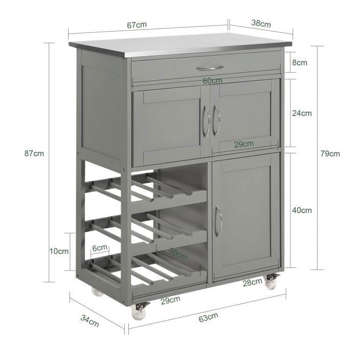 Carrito de cocina SoBuy con ruedas, cajones y botellero, mueble de cocina compacto, encimera de madera gris, 67x86x38 cm