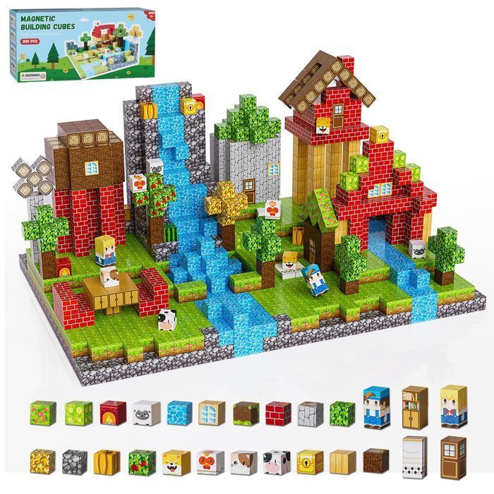 Blocs de Construction Magnétiques,200 Pièces Ensemble de Blocs Magnétiques pour Construire, Jouets Magnétiques Créatif pour Enfants