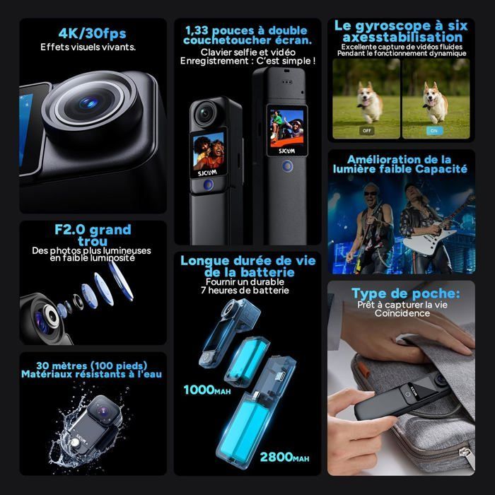 Cámara para vlogs C300 4K, 460 minutos de duración de la batería, pantalla táctil dual, cámara deportiva subacuática, estabilización de 6 ejes para vlogging, color negro (sin tarjeta).