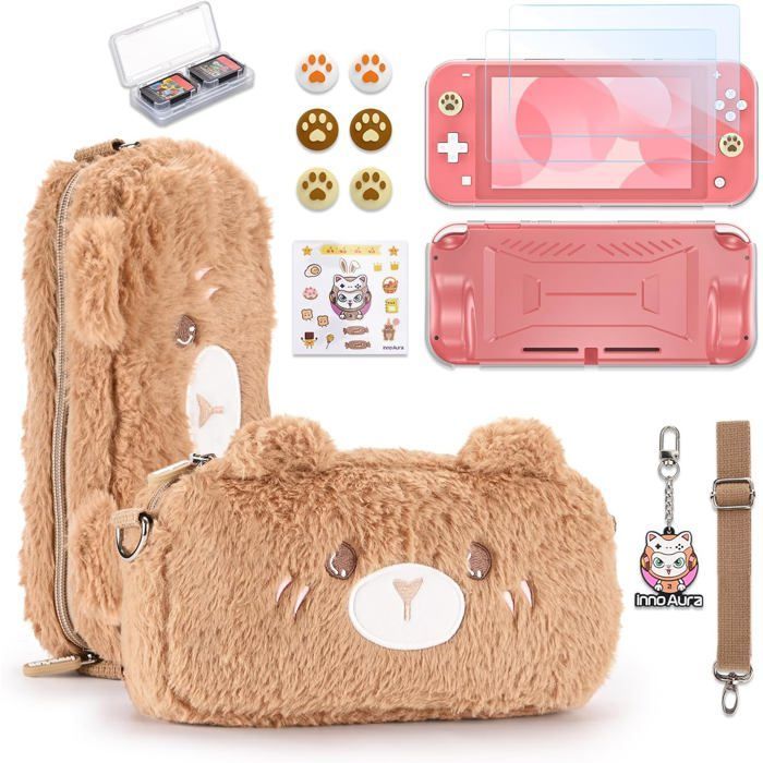 14-in-1 kit voor Nintendo Switch Lite – Brown Bear hoesje, schermbeschermer, gamebox, joystickkapjes en accessoires