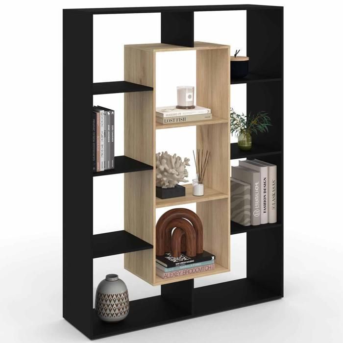 IDMARKET COLETTE bookcase with 11 compartments, black and wood effect, 143 cm