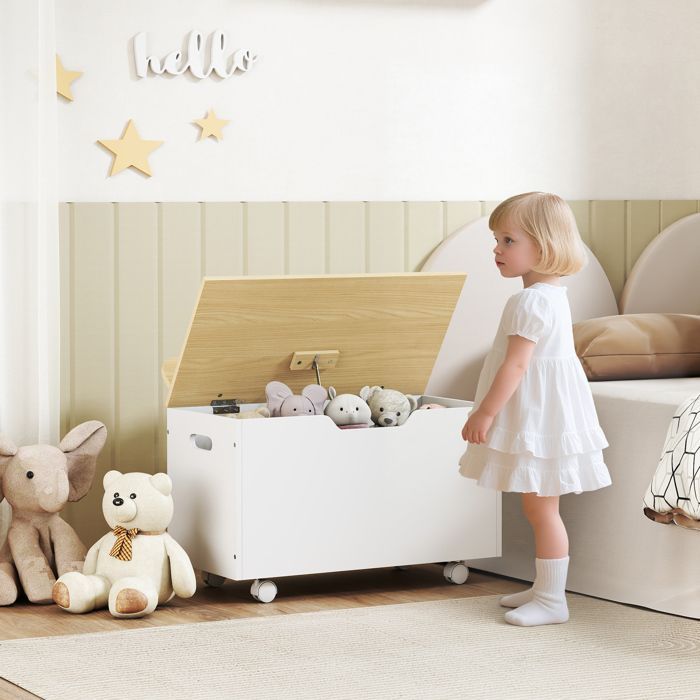 Coffre à jouet enfant - AIYAPLAY - sur roulettes - couvercle rabattable - charnières de sécurité - MDF - 59 x 30 x 53 cm - blanc