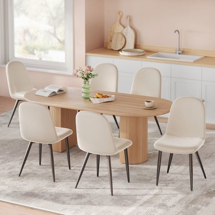 Conjunto de 6 cadeiras de jantar HavenlyHome, em linho, com encosto ergonômico e pés de metal, para sala de estar, cozinha e quarto, na cor bege.