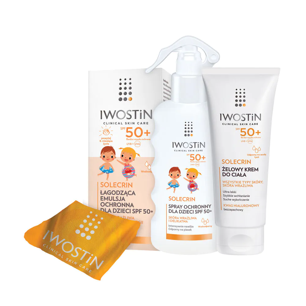 Iwostin Solecrin Zestaw (Emulsja SPF50+ 100ml + Spray SPF50+ 175ml+ Żel-krem SPF50+ 200ml + Ręcznik)