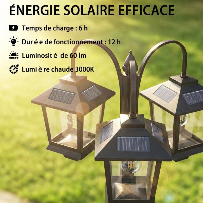 Lámpara de pie solar para exteriores Outsunny - 3 cabezales - Sensor automático crepuscular - IP44 - Aluminio - 188 cm - Negra
