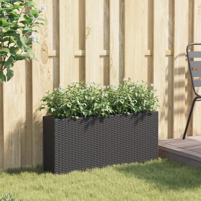 vidaXL Planter with 2 pots, black, 90x20x40 cm, woven resin, outdoor planter, flower box, tomato planter, 366407