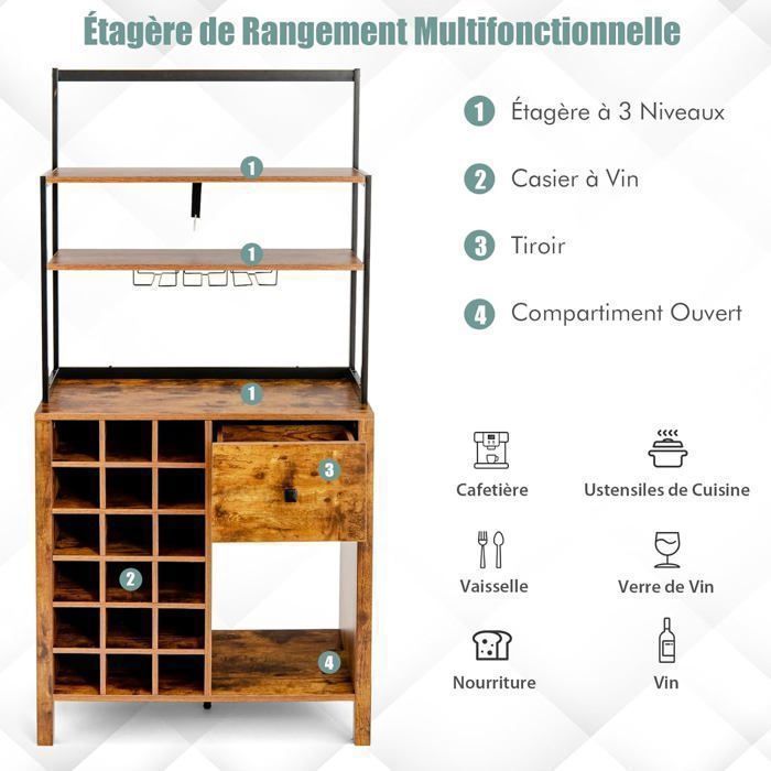 Botellero GOPLUS para 18 botellas, 78x40x160cm, con 3 estantes abiertos, mueble de almacenamiento de cocina de estilo industrial.