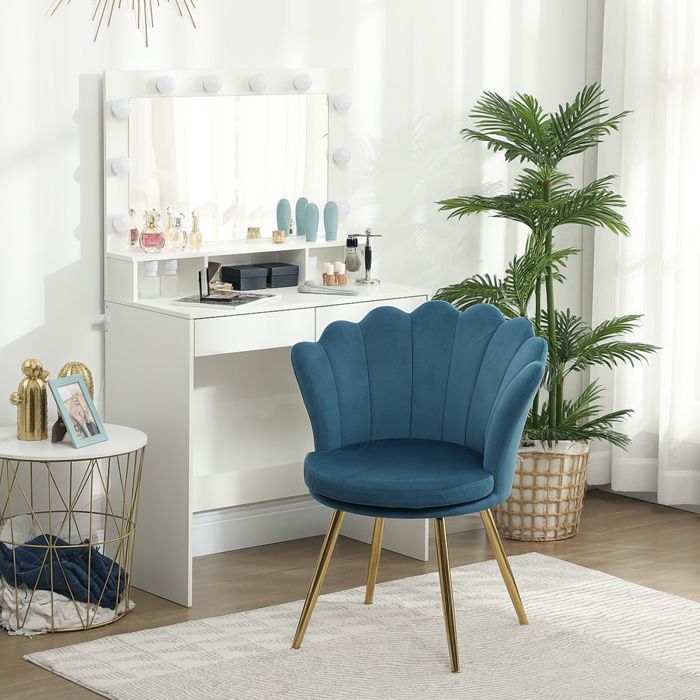 Sillón HOMCOM con forma de concha, silla de tocador en terciopelo con patas de metal dorado para sala de estar, dormitorio y comedor, azul