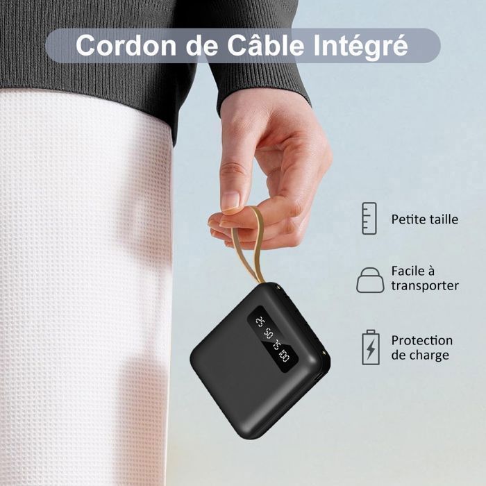 Cargador portátil de batería externa de 15000 mAh con 4 cables integrados, 6 salidas de batería y 3 entradas, pantalla LED y lámpara.