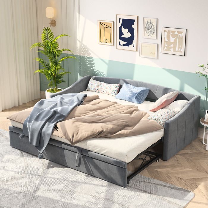 Lit Rembourré 90×200 cm,Canapé-lit Extensible 90/180×200cm avec sommiers à lattes,lit multifonctionnel en tissu en velours,gris