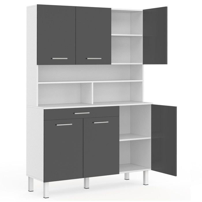 IDMARKET Buffet de cuisine 120 CM CINA 6 portes + tiroir blanc et gris brillant