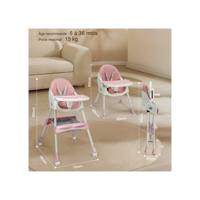 Baby High Chair - ALIGHTUP - Convertible High Chair, Reclining Backrest, Compact Fold, Adjustable, Multi-functional - Pink