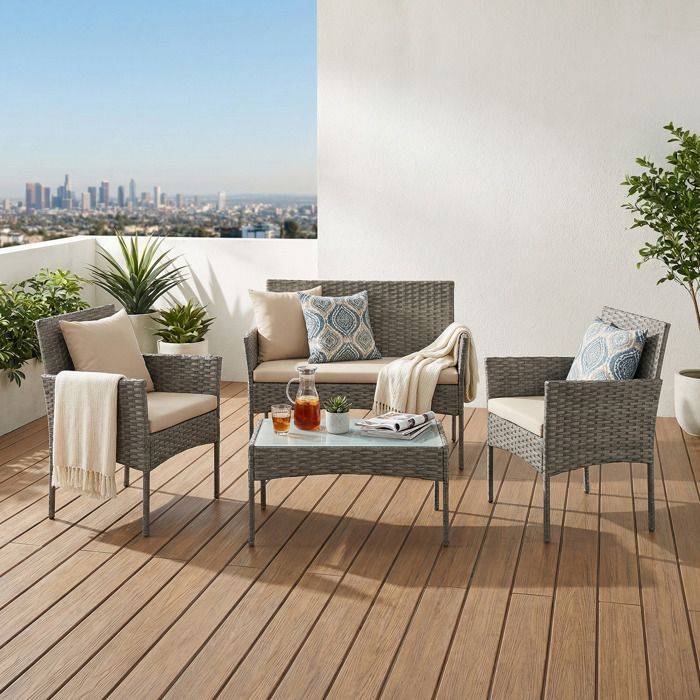 Conjunto de mesa y sillas de jardín para 4 personas, sillones y banco de resina tejida, mesa, para patio, gris.
