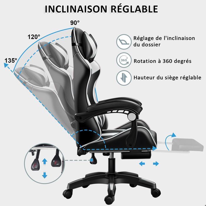 Sedia da gaming ergonomica con massaggio, supporto lombare, poggiatesta e poggiapiedi, regolabile in altezza e inclinabile da 90° a 135°.