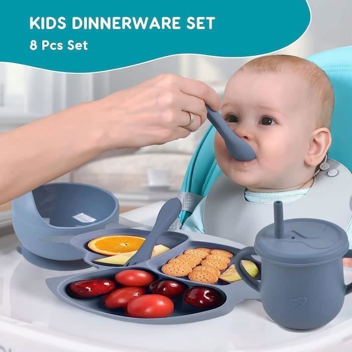 Conjunto de Refeição para Bebê, Conjunto de Pratos de Silicone com Ventosa, 8 Peças, Livre de BPA, para Bebês e Crianças (Azul)