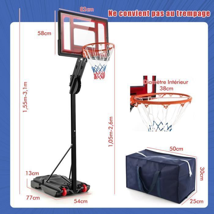 Aro de baloncesto independiente COSTWAY, altura ajustable de 105 a 260 cm, tablero de 82 cm, 2 ruedas, base rellenable con agua de 35 L, para exteriores.