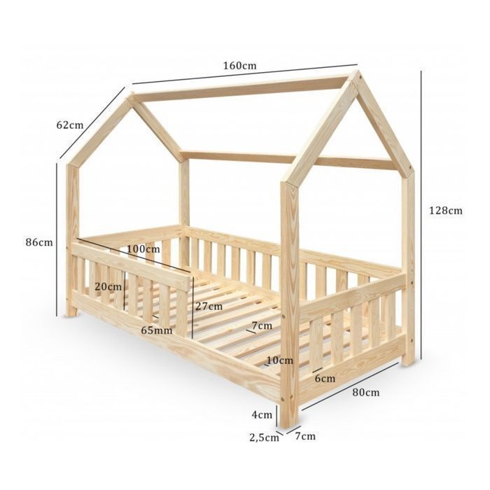 DUBI - Cama infantil tipo cabaña de 80 x 160 cm, color natural, con somier de láminas, barandillas de seguridad y colchón.