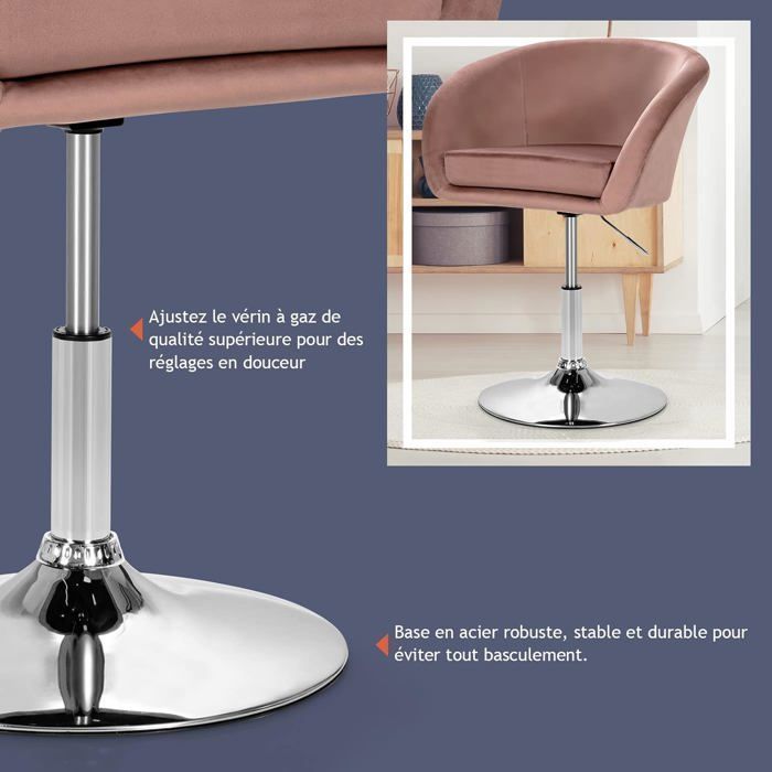 Sillón de tocador GOPLUS de terciopelo - Altura del asiento ajustable de 47 a 60 cm - Giro de 360° - Capacidad de carga de 120 kg - Rosa