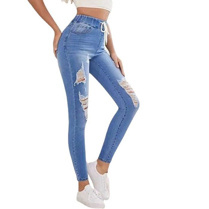 Pantalones vaqueros de mujer - FUNMOON - Cintura elástica con cordones y rotos - Azul - Corte ajustado - Cintura alta