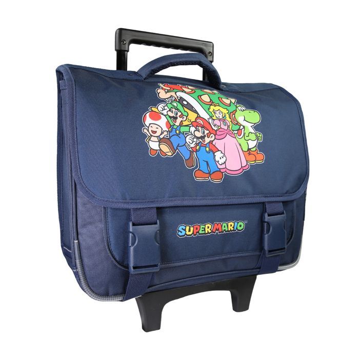 Mochila escolar Bagtrotter - Super Mario - 38 cm - Mochila com rodinhas - Azul marinho - 2 compartimentos - 1 bolso sob a aba - Alças de ombro...