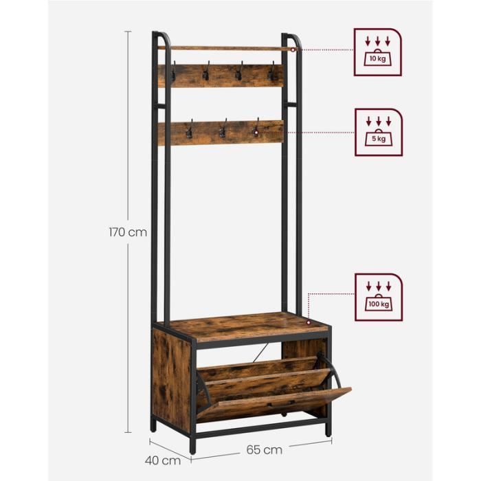 Mobile da ingresso con panca, 7 ganci e mensola - Stile industriale - Marrone rustico e nero
