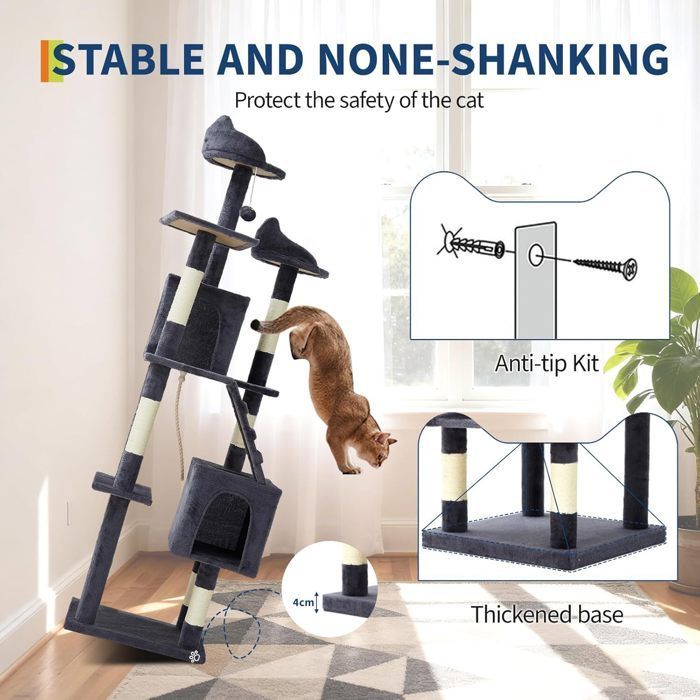ARBRE A CHAT-TOYS S -182 H -Tour à chats XL à plusieurs niveaux-2 Condos, 3 Perchoirs , Gris Foncé
