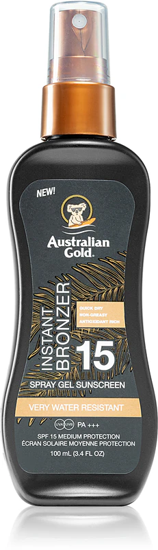 Spray de proteção solar com bronzeador instantâneo Australian Gold Instant Bronzer