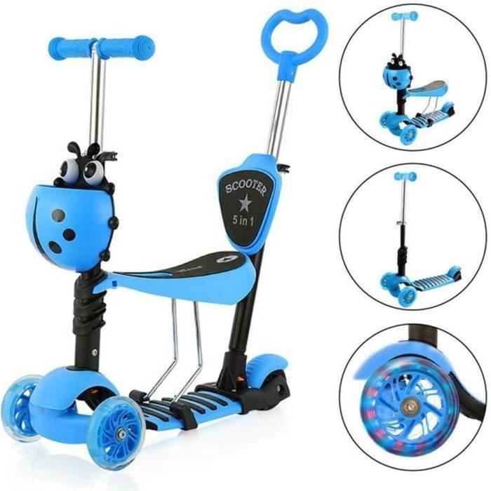5-in-1 Scooter with Removable Seat for Children, Adjustable Height, 3 LED Wheels, Non-Slip Deck, Gift, Blue
