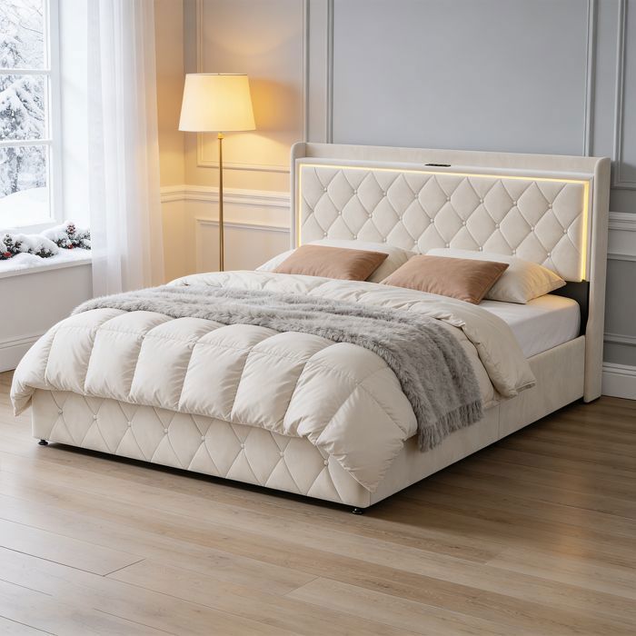 Letto 140x190 cm - NMONET - LED - tessuto velluto - struttura letto matrimoniale 140x190 cm - beige