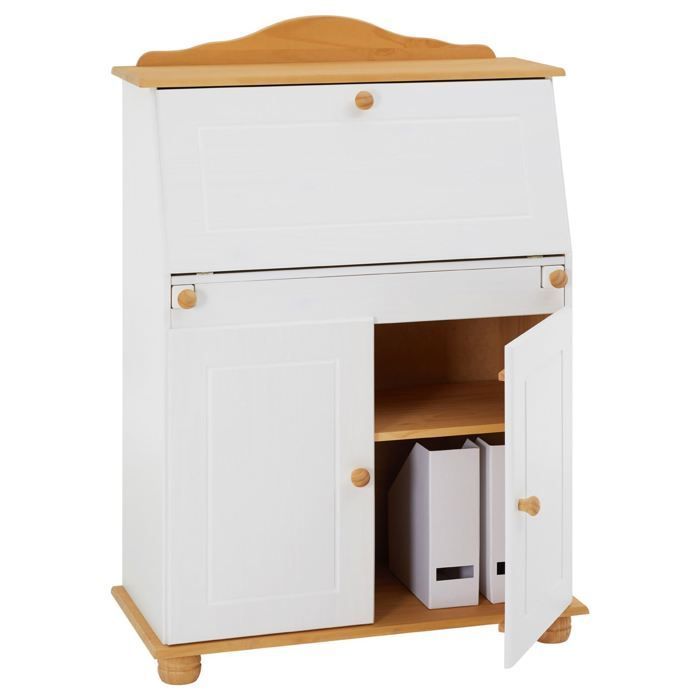 Bureau secrétaire DAVID avec abattant rangement plusieurs étagères 2 portes plan de travail rabattable, en pin massif blanc et brun