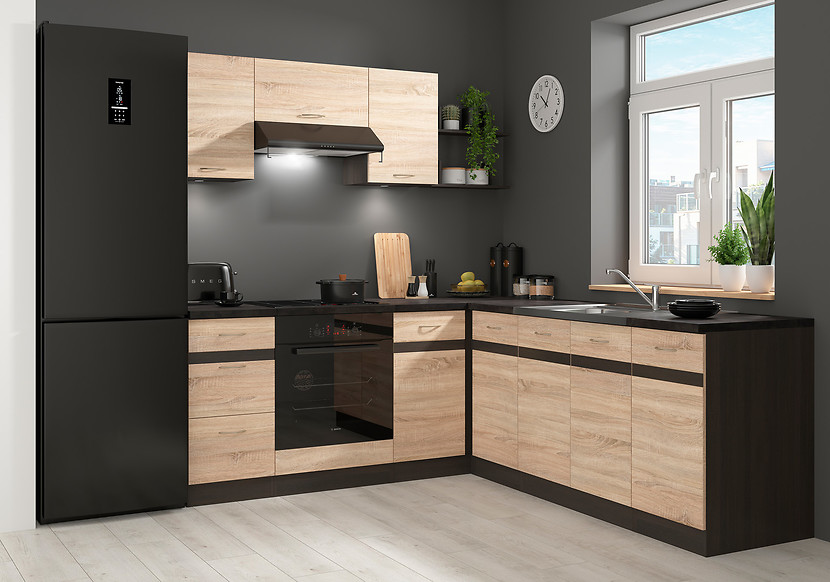 Komplet kuchenny narożny Junona Line 200x220 lewy dąb sonoma bez blatu