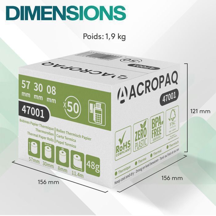 ACROPAQ 50 Rouleaux de Caisse 57x30x8mm- Thermique 11,4 m-Terminaux de paiement- 50 Bobines TPE- Sans BPA- Dimensions Universelles