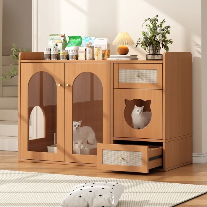 Maison pour chat et meuble à litière, avec gamelle et espace de rangement, litière et tapis pour chat non inclus, noyer, 120x45x83cm