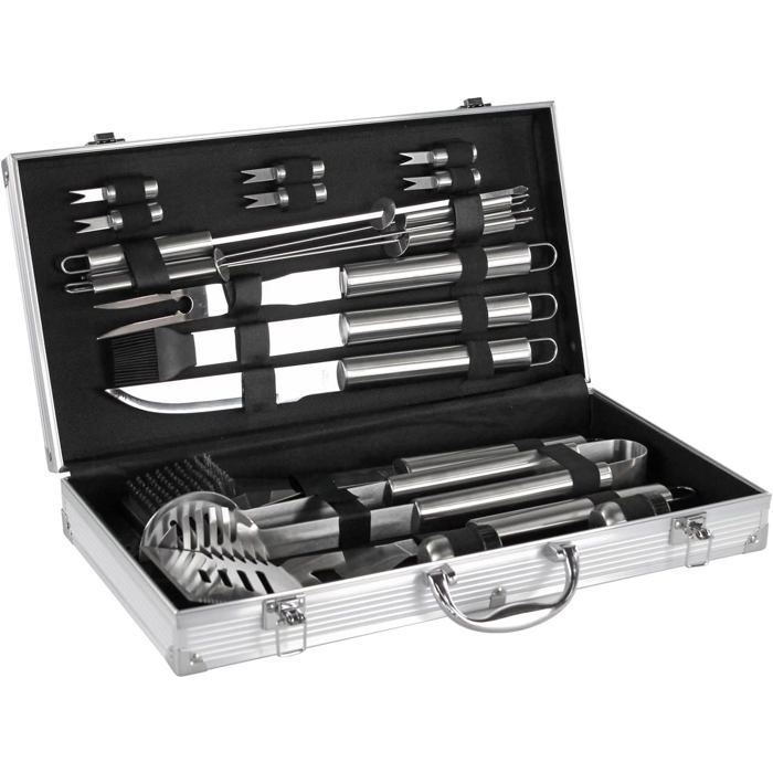 Kit de accesorios profesionales de acero para barbacoa con estuche de transporte, kit de accesorios para barbacoa con pinzas, tenedores, espátula y