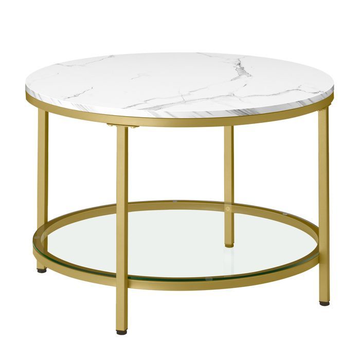 Tavolino da caffè VASAGLE, tavolino da soggiorno, effetto marmo, piano in vetro temperato, facile da montare, marmo bianco e oro chiaro.