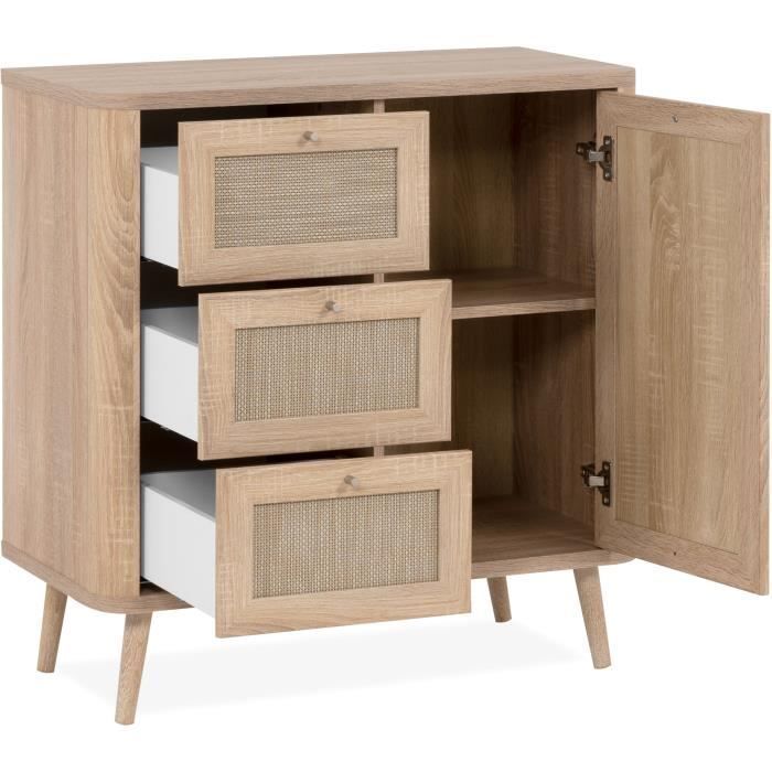 Small storage unit - 3 drawers - 1 door - Cane finish - W80.9 x H84 x D40 cm