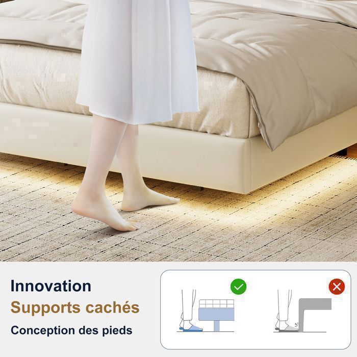 140x190 cm bed met lattenbodem - Tweepersoonsbed voor volwassenen met hoofdbord en opbergruimte - Zwevend bed met led- en usb-aansluiting - Geïntegreerd stopcontact - Wit PU
